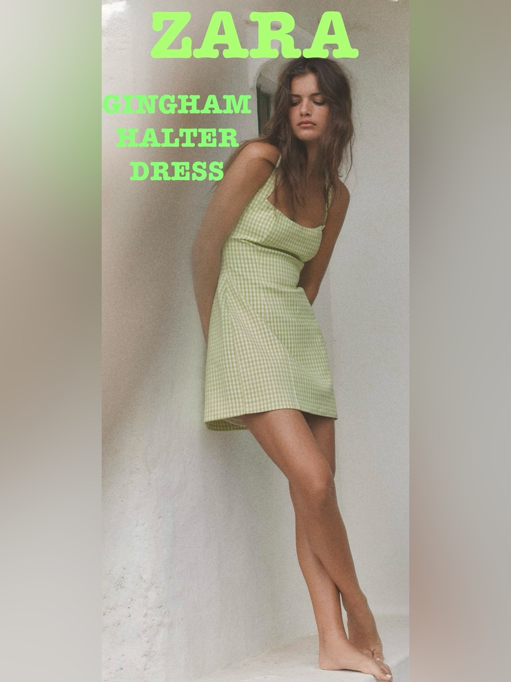 ZARA Gingham Halter Mini Dress in Fluorescent Lime